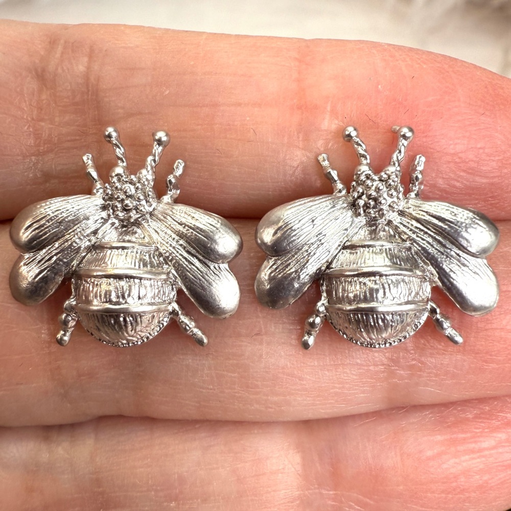 Silvertone Bee Stud Pierced Earrings - image 4